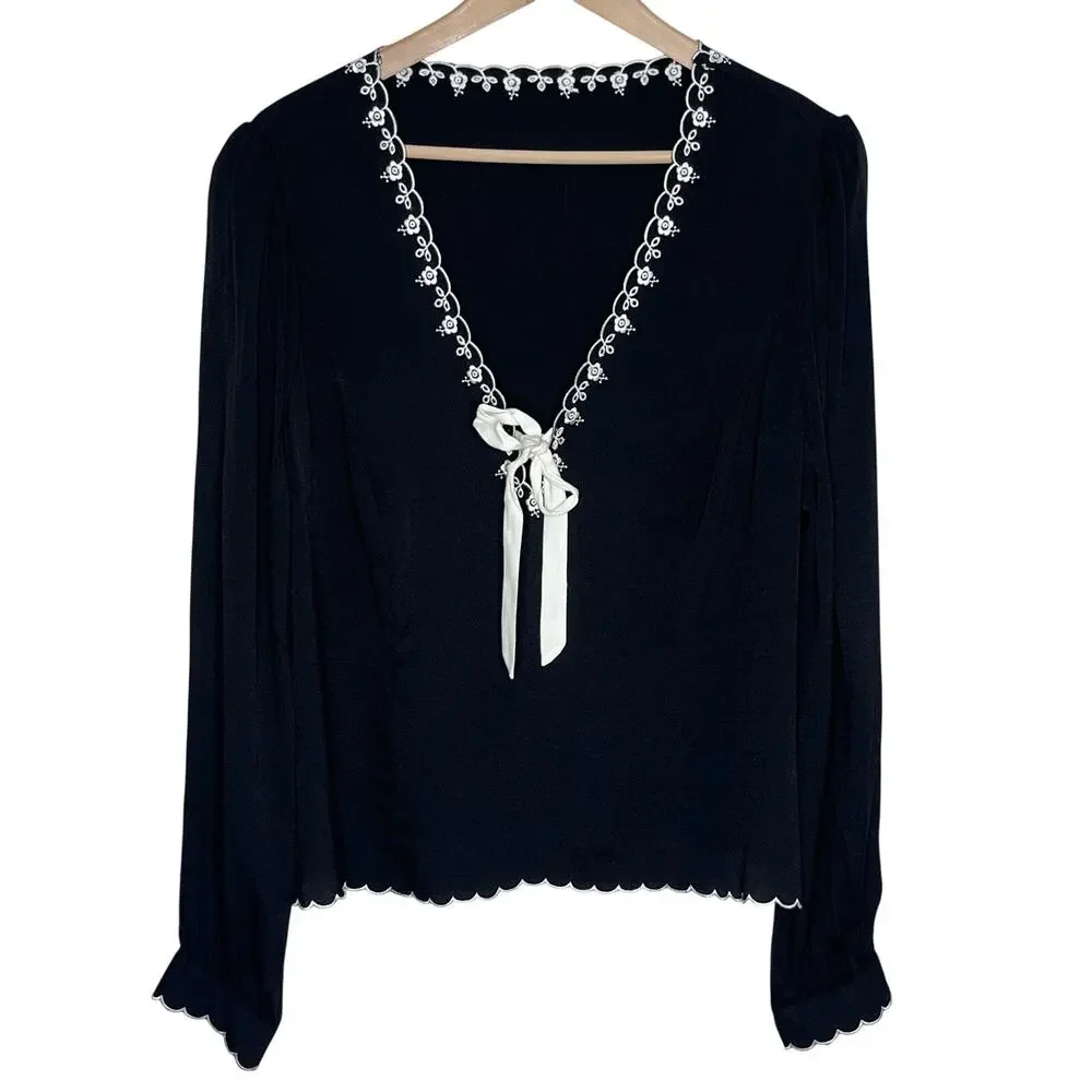 Reformation Vivia Embroidered Scallop Top Black Long Sleeve Tie Front